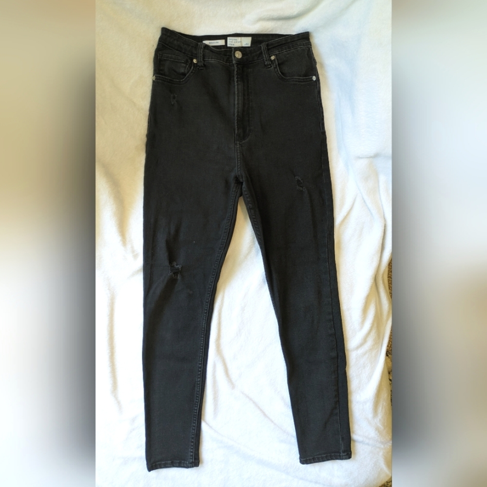 Size 10 black Bershka skinny jeans with light distressing